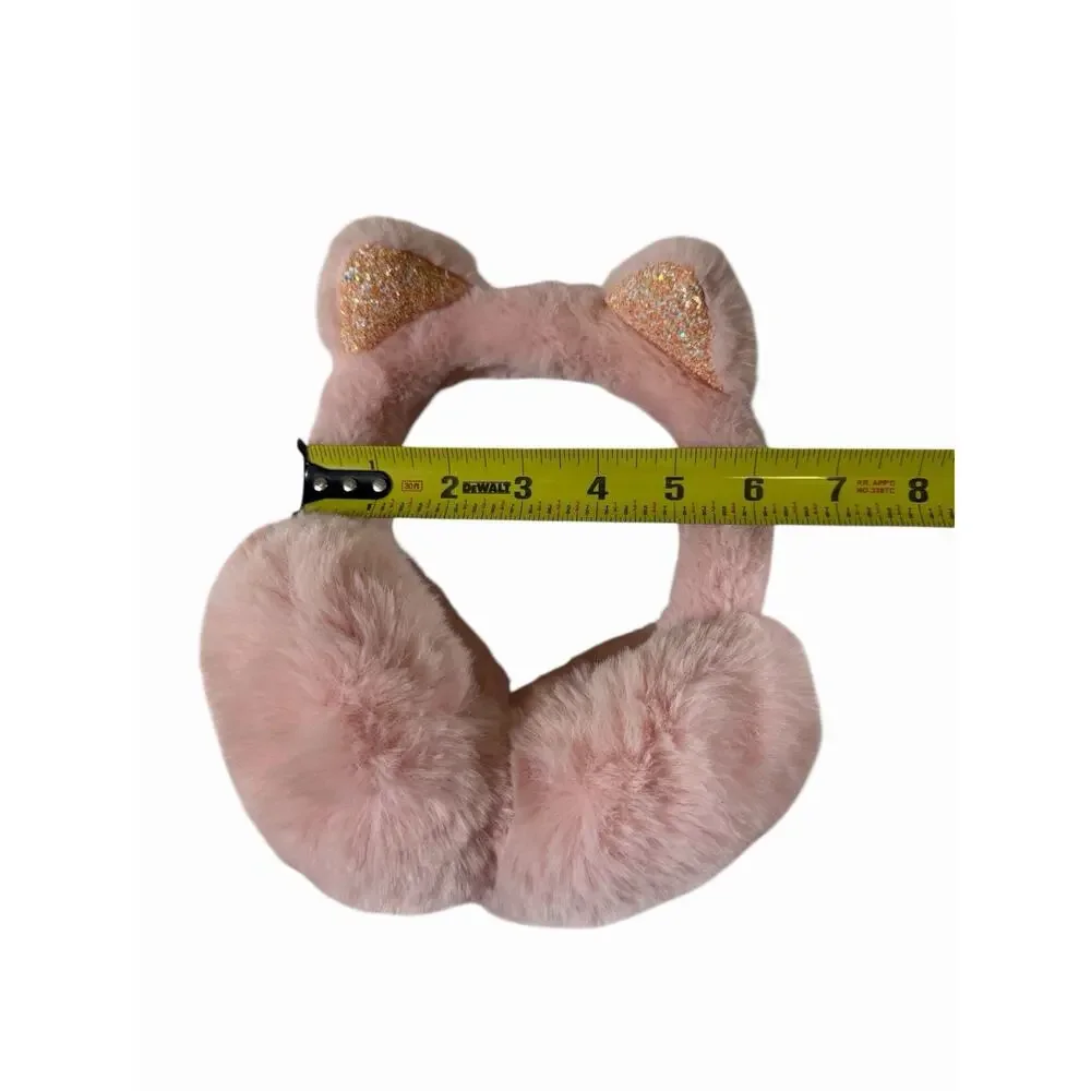 Girls Plush Cat Ear Earmuffs Pink Faux Fur Glitter Ears Winter Warmers Youth